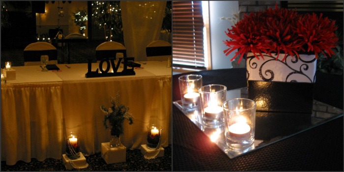 The guest table decor was a very simple black and white design with red 