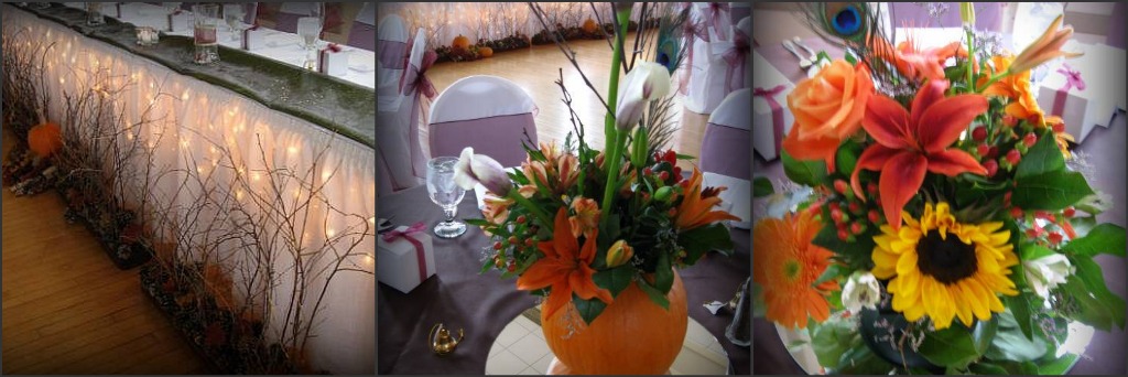 The guest table decor had fresh florals inside pumpkins